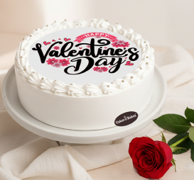 Happy Valentine’s Day Cake with Rose – white cream cake with edible photo by Cakes and Bakes Bakery Dubai.