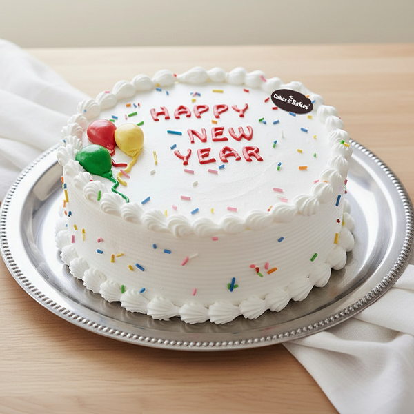 Festive Round New Year Cake with Colorful Decorations by Cakes and Bakes Dubai