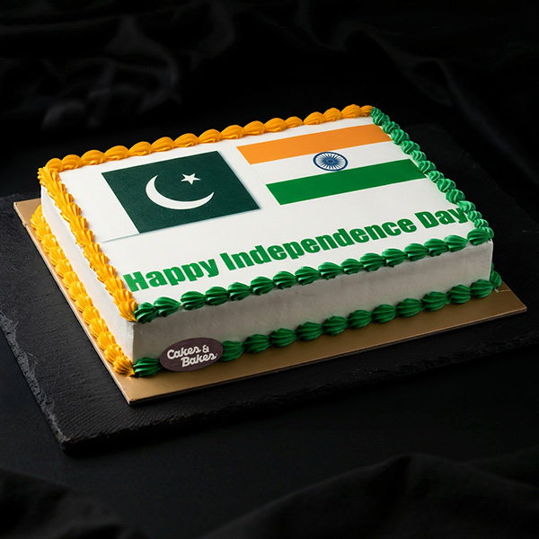 Pakistani and Indian Flag Cake featuring both national flags in a patriotic dual-flag celebration design by Cakes and Bakes Bakery Dubai.